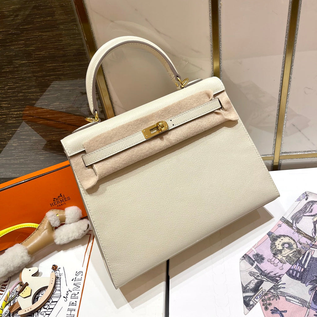 HERMES KELLY 25CM WHITE EPSOM LEATHER GOLD HARDWARE