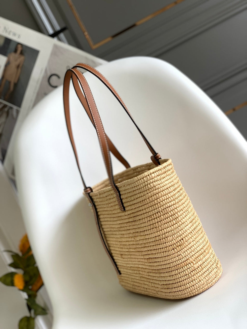 LOEWE 25S BASKET BAG 30 IN NATURAL MIX BROWN RAFFIA CALFSKIN SHOULDER STRAP