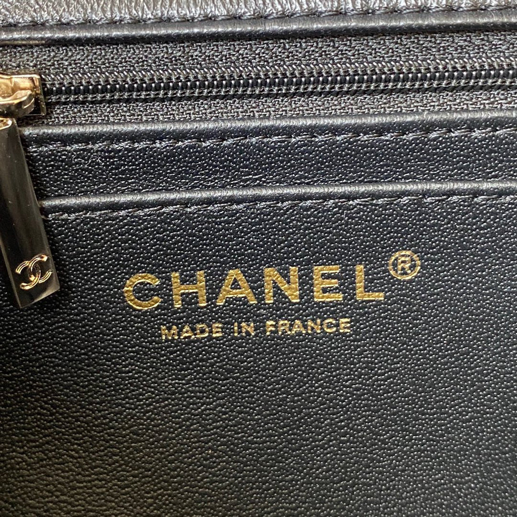 CHANEL 25S MINI FLAP BAG WITH TOP HANDLE 20 IN BLACK CALFSKIN GOLD HARDWARE