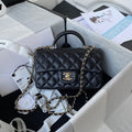CHANEL 25S MINI FLAP BAG WITH TOP HANDLE 20 IN BLACK CALFSKIN GOLD HARDWARE