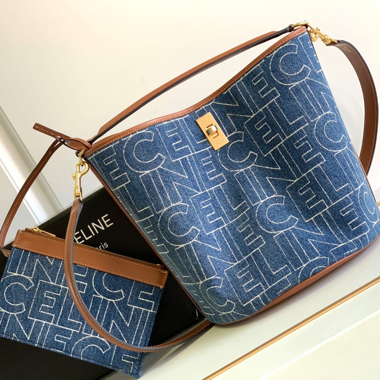 CELINE BUCKET 25 PRINTED DENIM BAG NAVY BLUE