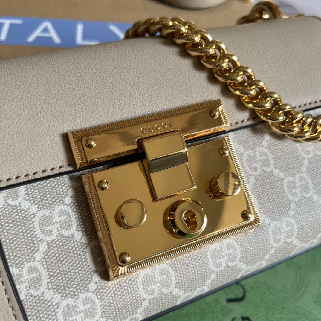 GUCCI PADLOCK 22 SMALL  SHOULDER BAG IN BEIGE CALFSKIN AND CANVAS