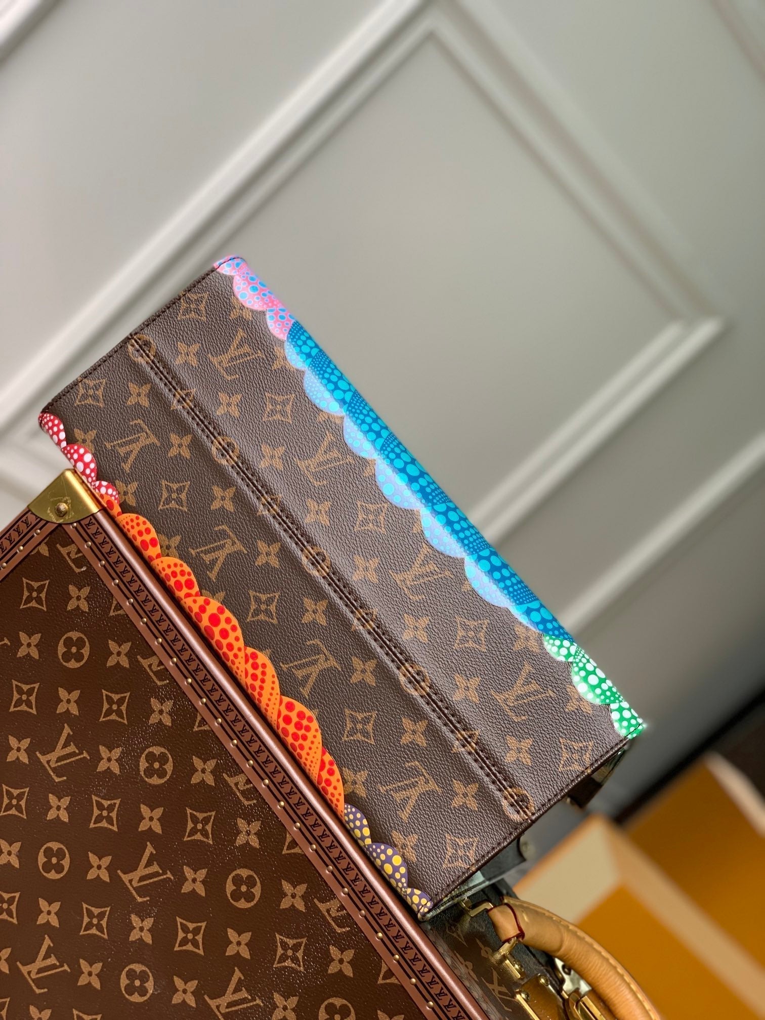LOUIS VUITTON LV x YK ONTHEGO 35 IN BROWN MONOGRAM COATED CANVAS AND CALFSKIN PUMPKIN PATTERN