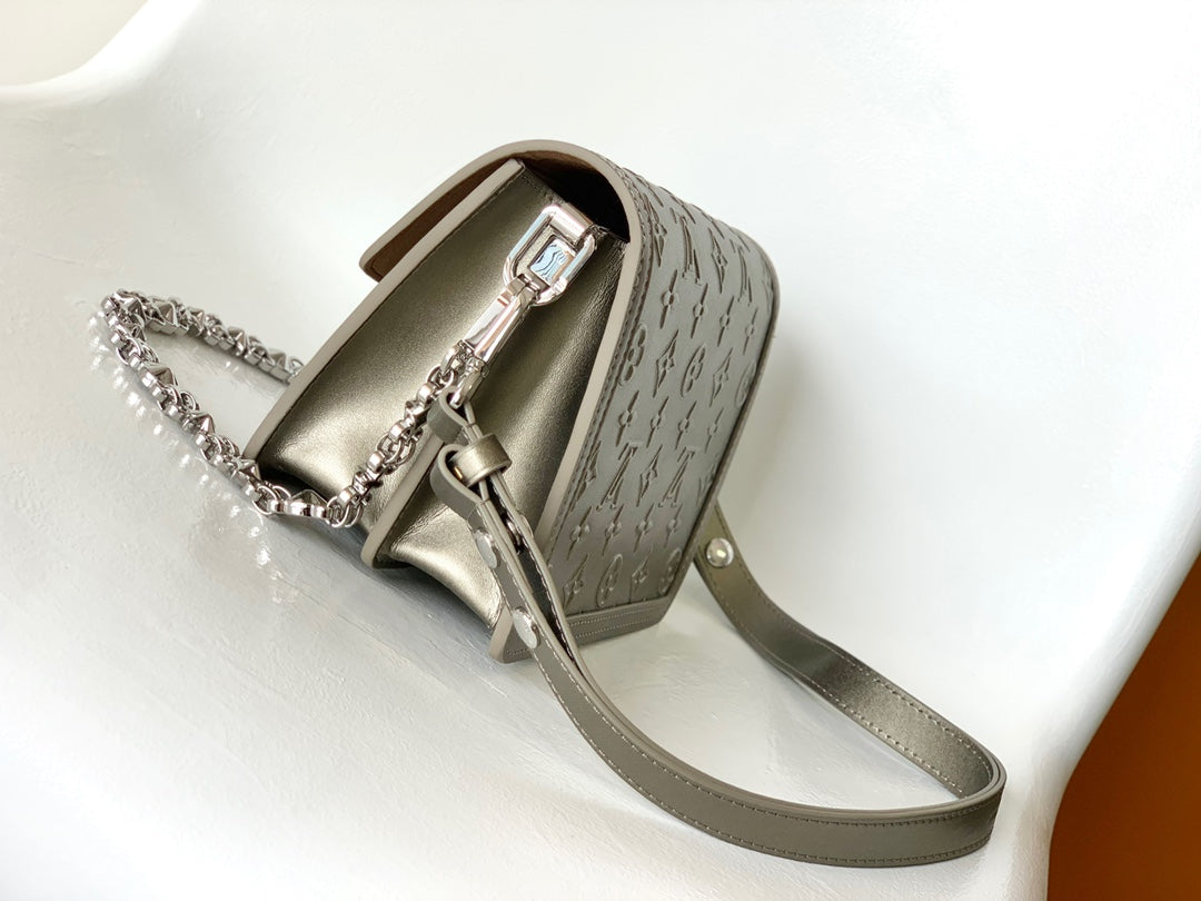 LOUIS VUITTON LV 25S MINI DAUPHINE BAG 20 IN BEIGE GRAY MOONOGRAM CALFSKIN SHIMMERING METALLIC GOLD