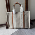 LAGRE WOODY TOTE BAG 45 IN BEIGE LINEN CANVAS WEBBING LOGO EMBROIDERY BROWN CALFSKIN