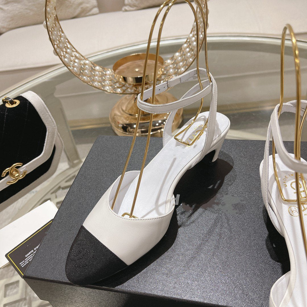 CHANEL high slingbacks white black lambskin grosgrain
