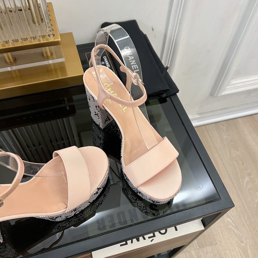 CHANEL SANDALS leather satin pink