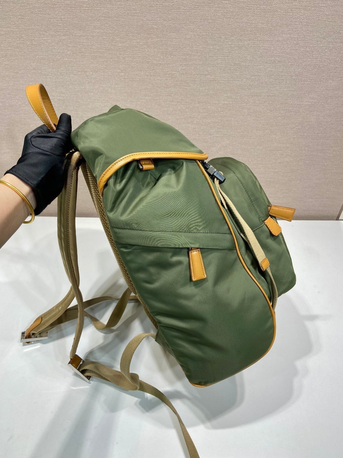 PRADA BACKPACK 45 IN SEAWEED GREEN RE-NYLON AND BROWN CALFSKIN TRIM