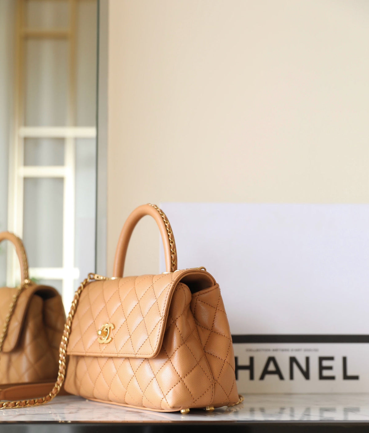 CHANEL 25S FLAP BAG 24 CM IN LIGHT BROWN LAMBSKIN WITH GOLD HARDWARE