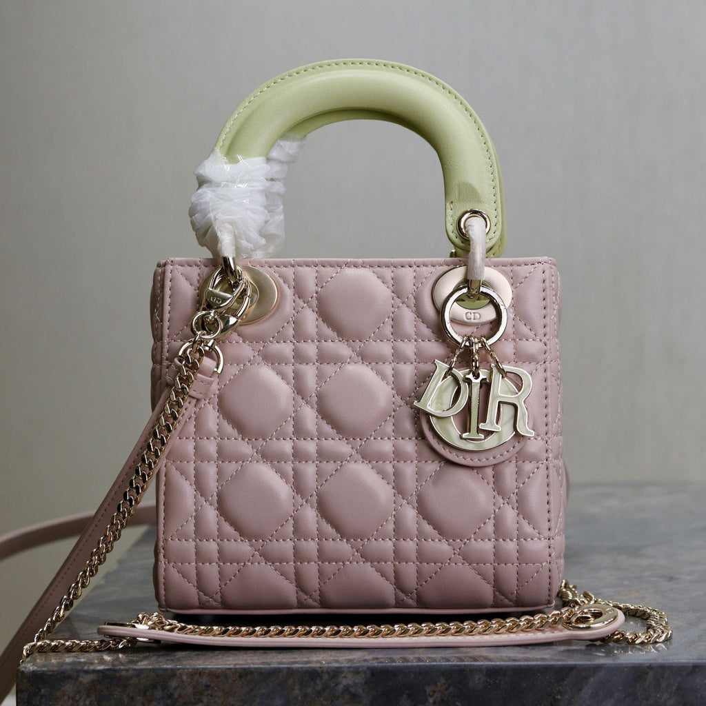 DIOR MINI LADY BAG 17 IN BABY PINK QUILTED MACROCANNAGE CALFSKIN SWAMP YELLOW STRAP