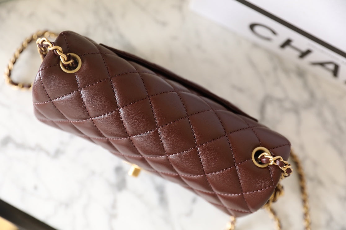 CHANEL 25S FLAP BAG 20 CM IN DARK BROWN LAMBSKIN WITH GOLD HARDWARE