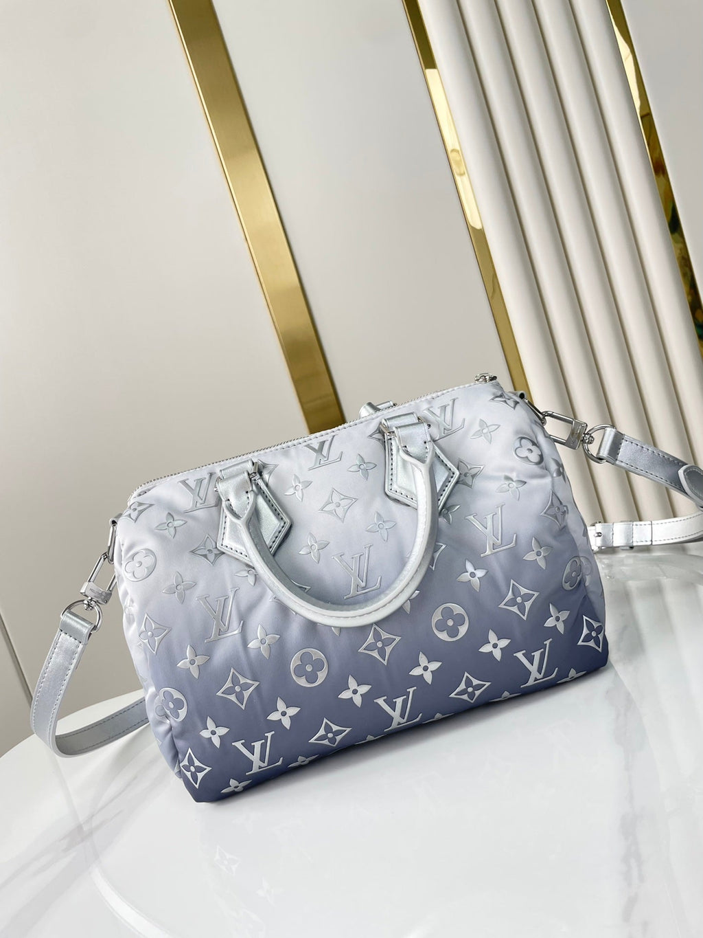 LOUIS VUITTON SPEEDY BANDOULIÈRE 25 IN GRADIENT SILVER MONOGRAM NYLON SILVER HARDWARE