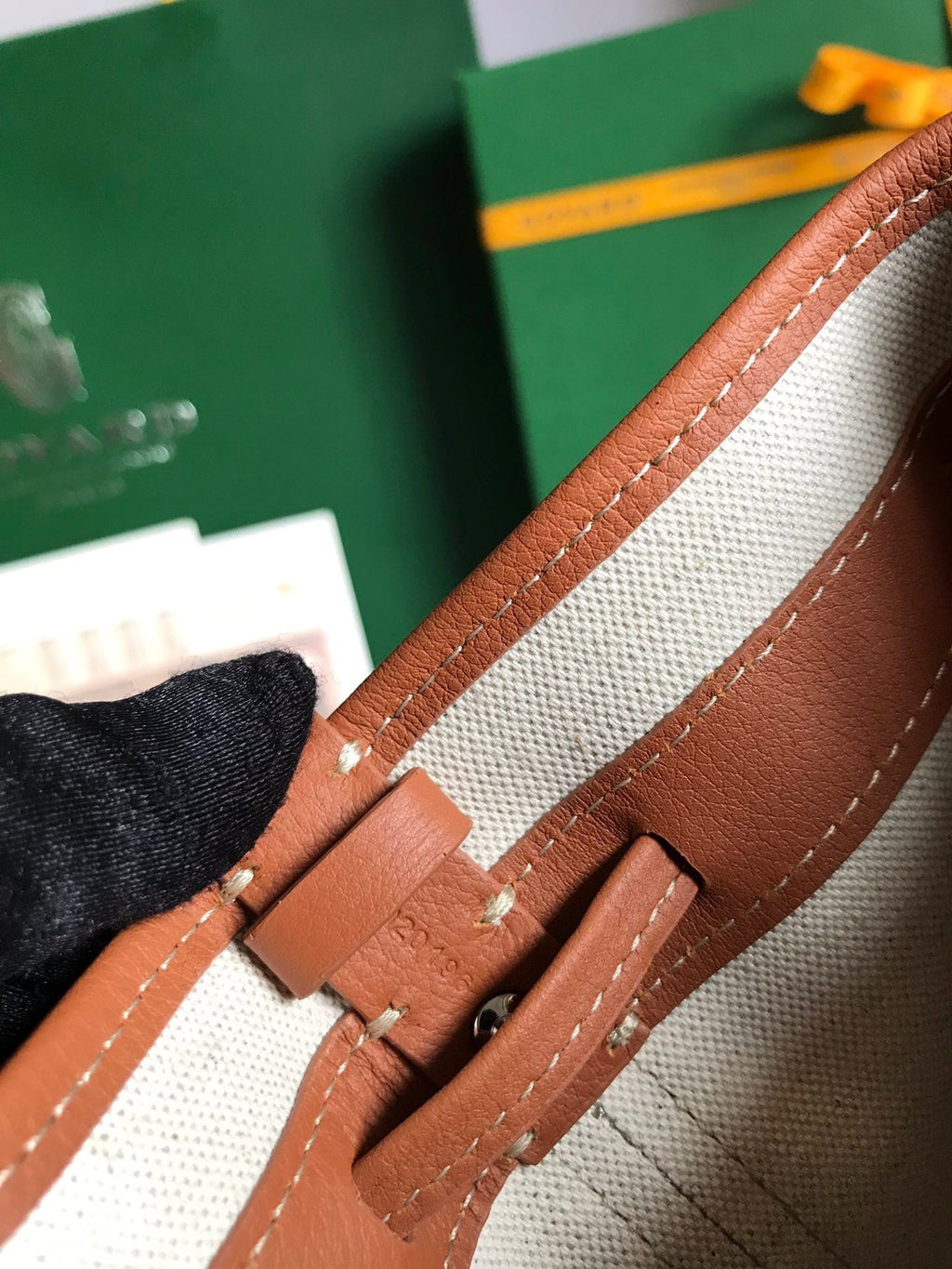 PETIT FLOT BUCKET BAG 22 IN BLACK GOYARDINE CANVAS AND TAN LAMBSKIN TRIM