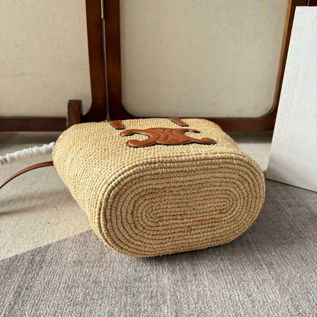 CELINE TEEN SUPPLE  CLASSIC PANIER IN RAFFIA AND CALFSKIN TAN