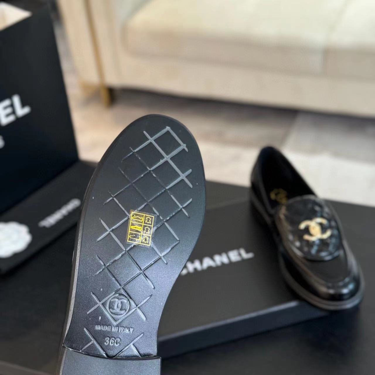 CHANEL MOASINS BLACK QUILTED LAMBSKIN GOLD HARDWARE