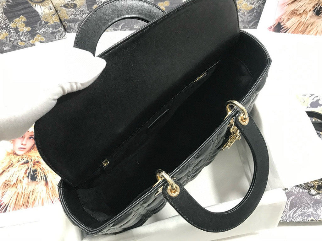 DIOR LARGE 32 LADY BAG IN BLACK LAMBSKIN WITH GOLD HARDWARE