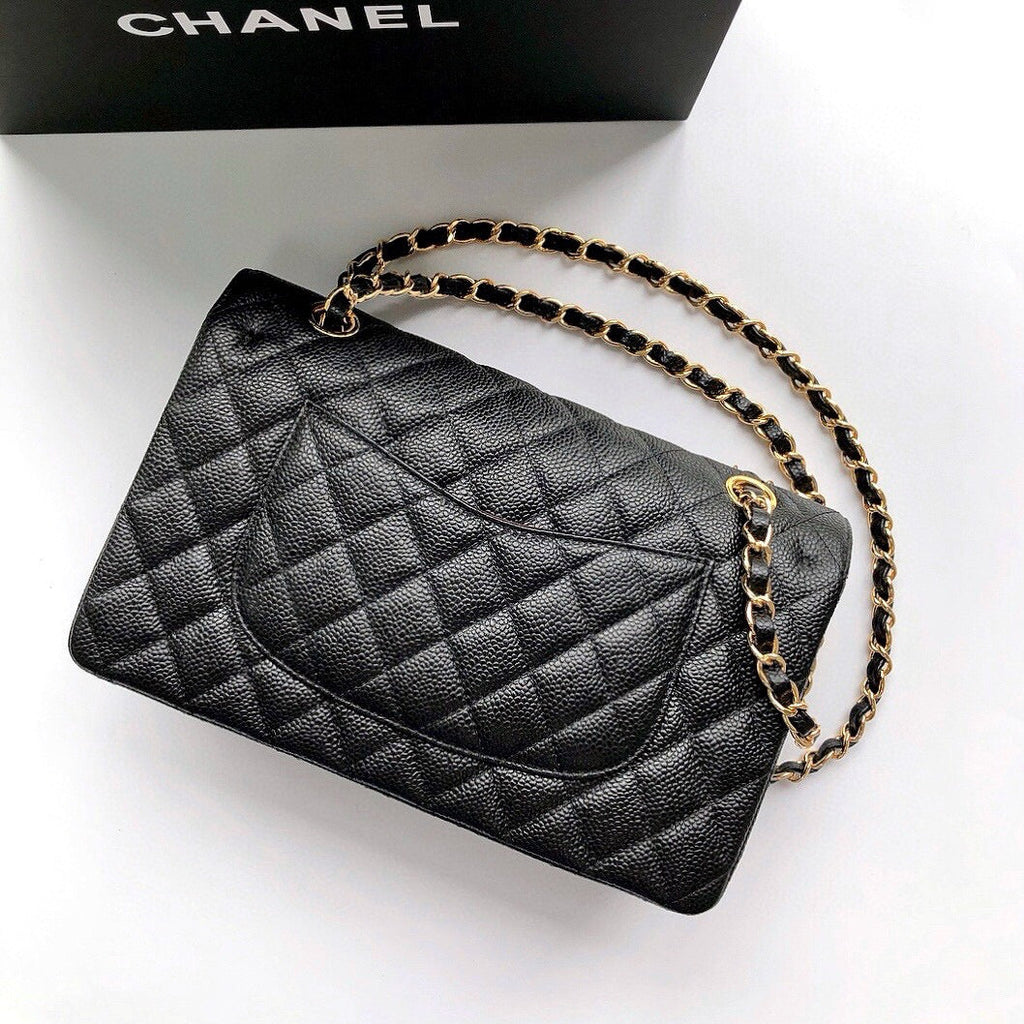 CHANEL FLAP BAG 25 IN BLACK CAVIAR LEATHER GOLD HARDWARE