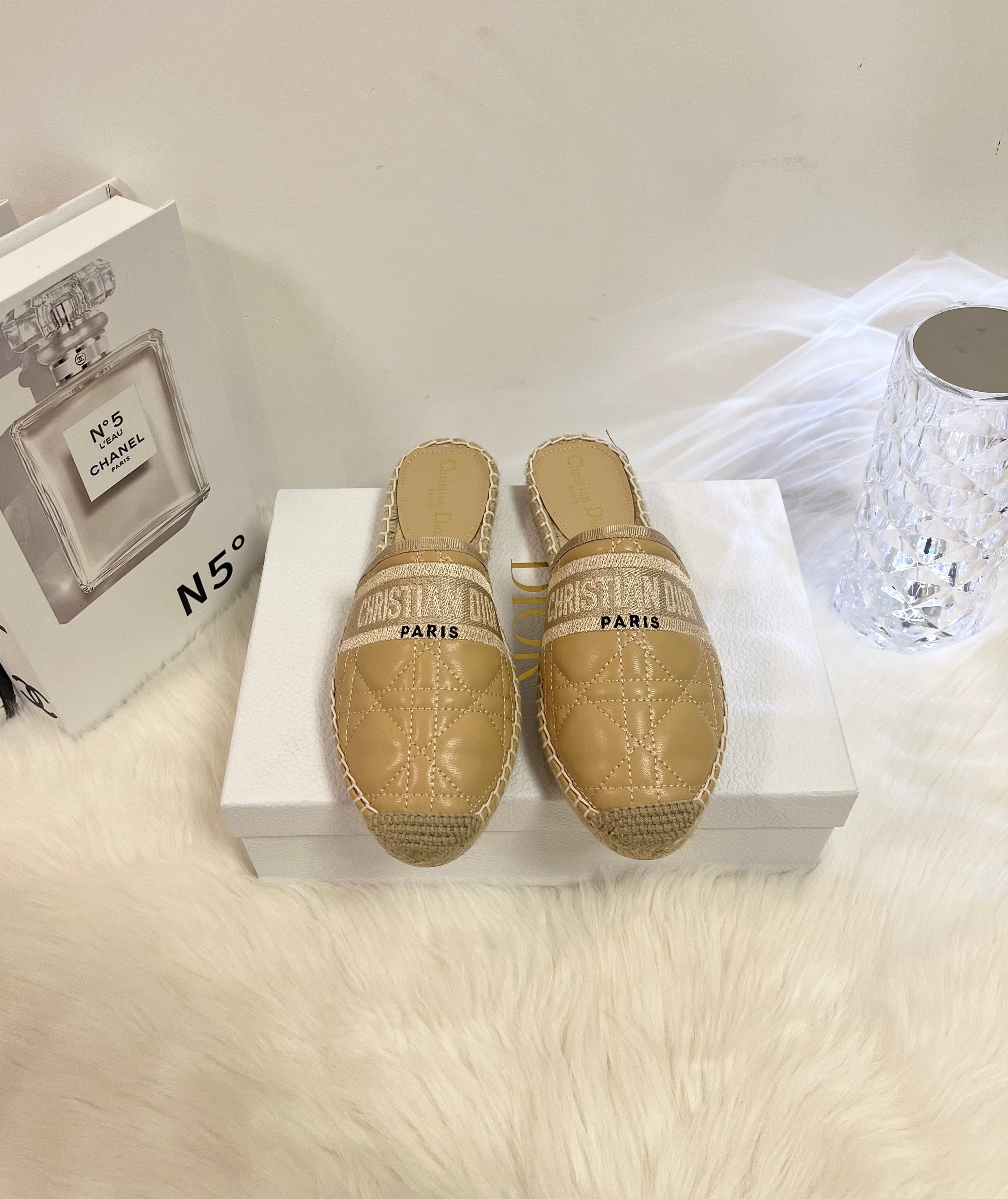 DIOR GRANVILLE ESPADRILLE MULE CAMEL BEIGE QUILTED CANNAGE CALFSKIN