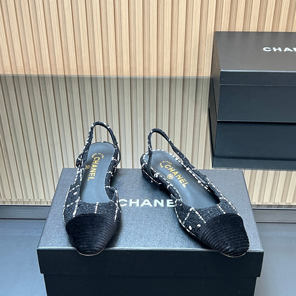 CHANEL 25S SLINGBACK FLATS SHOES IN BLACK TWEED