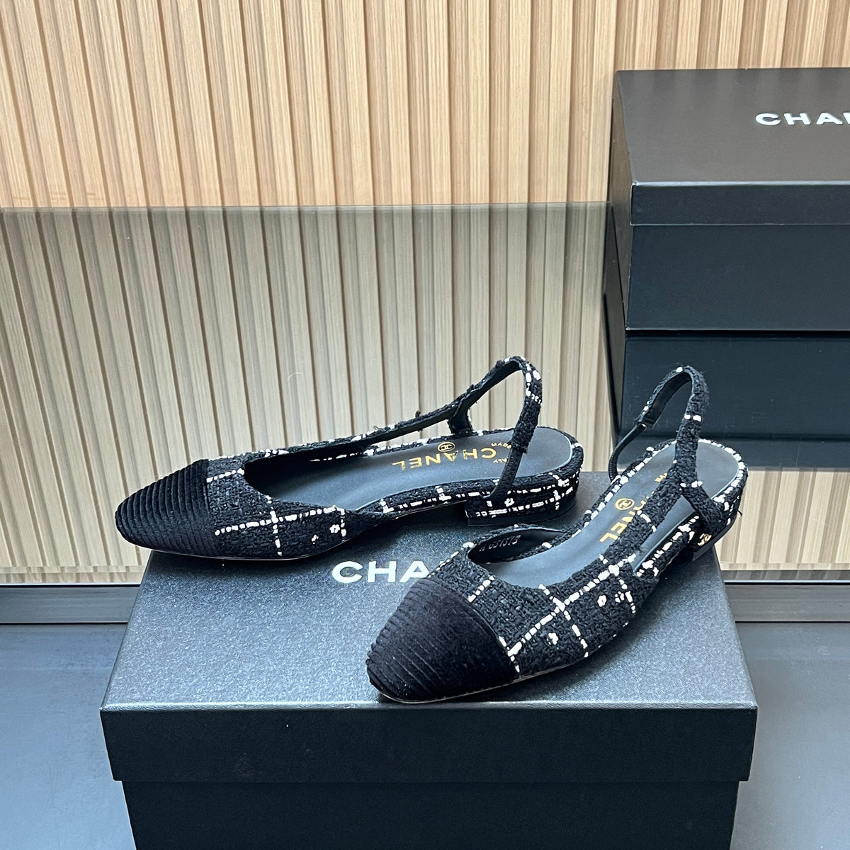 CHANEL 25S SLINGBACK FLATS SHOES IN BLACK TWEED