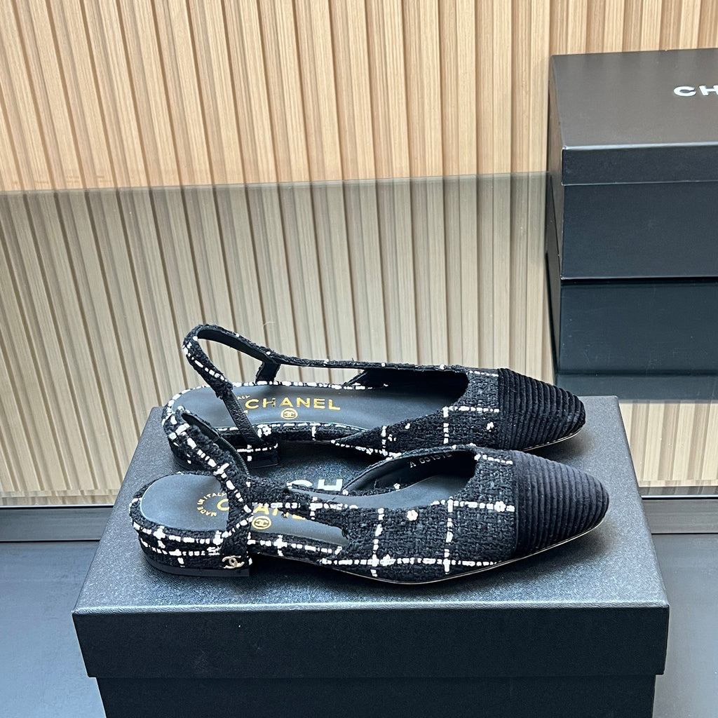 CHANEL 25S SLINGBACK FLATS SHOES IN BLACK TWEED