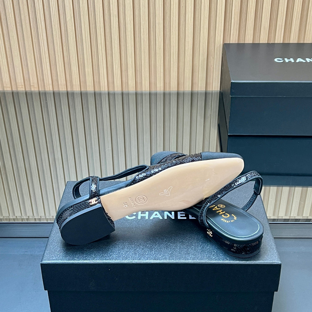 CHANEL 25S SLINGBACK SHOES IN BLACK EMBELLISHED WITH SPARKLES CANVAS