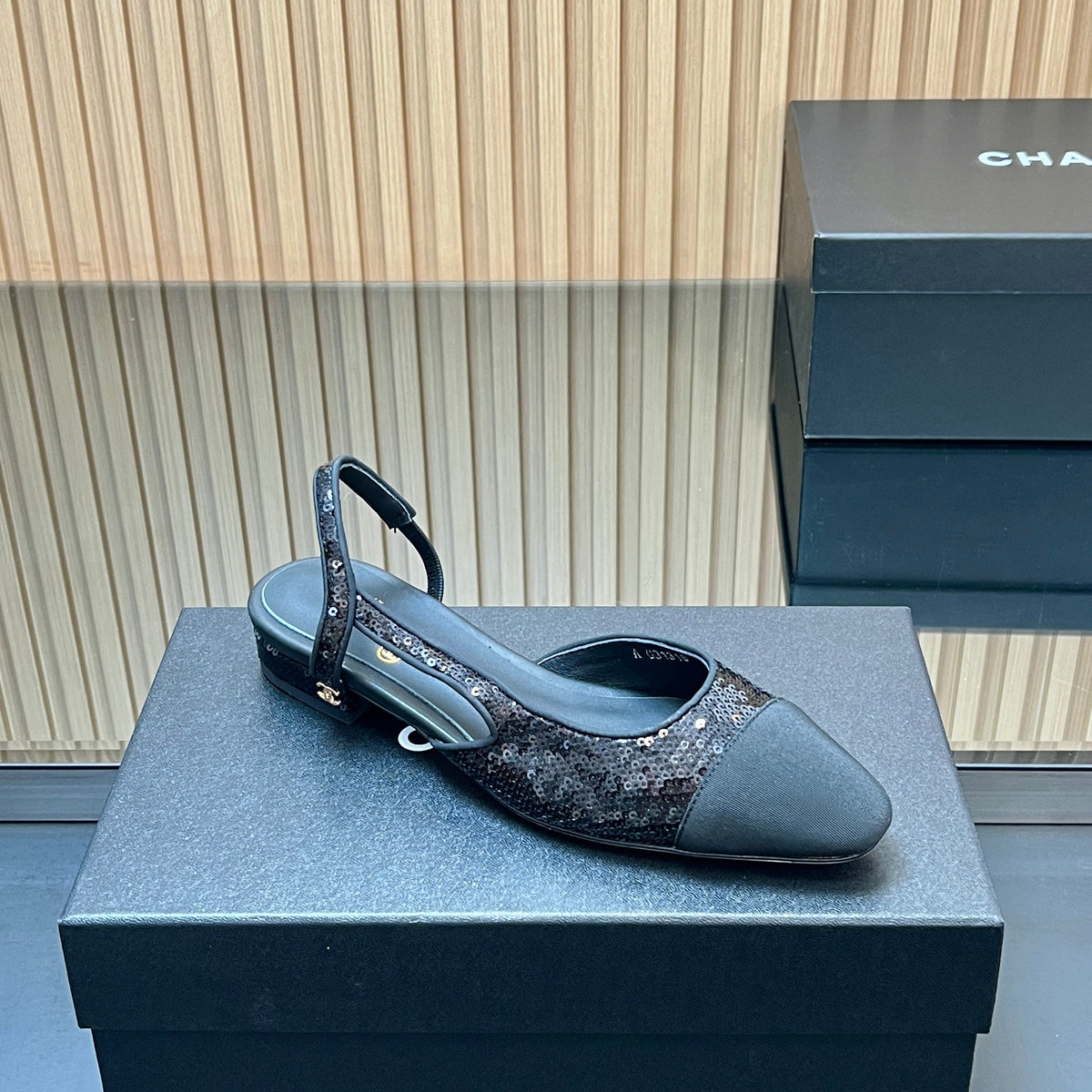 CHANEL 25S SLINGBACK SHOES IN BLACK EMBELLISHED WITH SPARKLES CANVAS