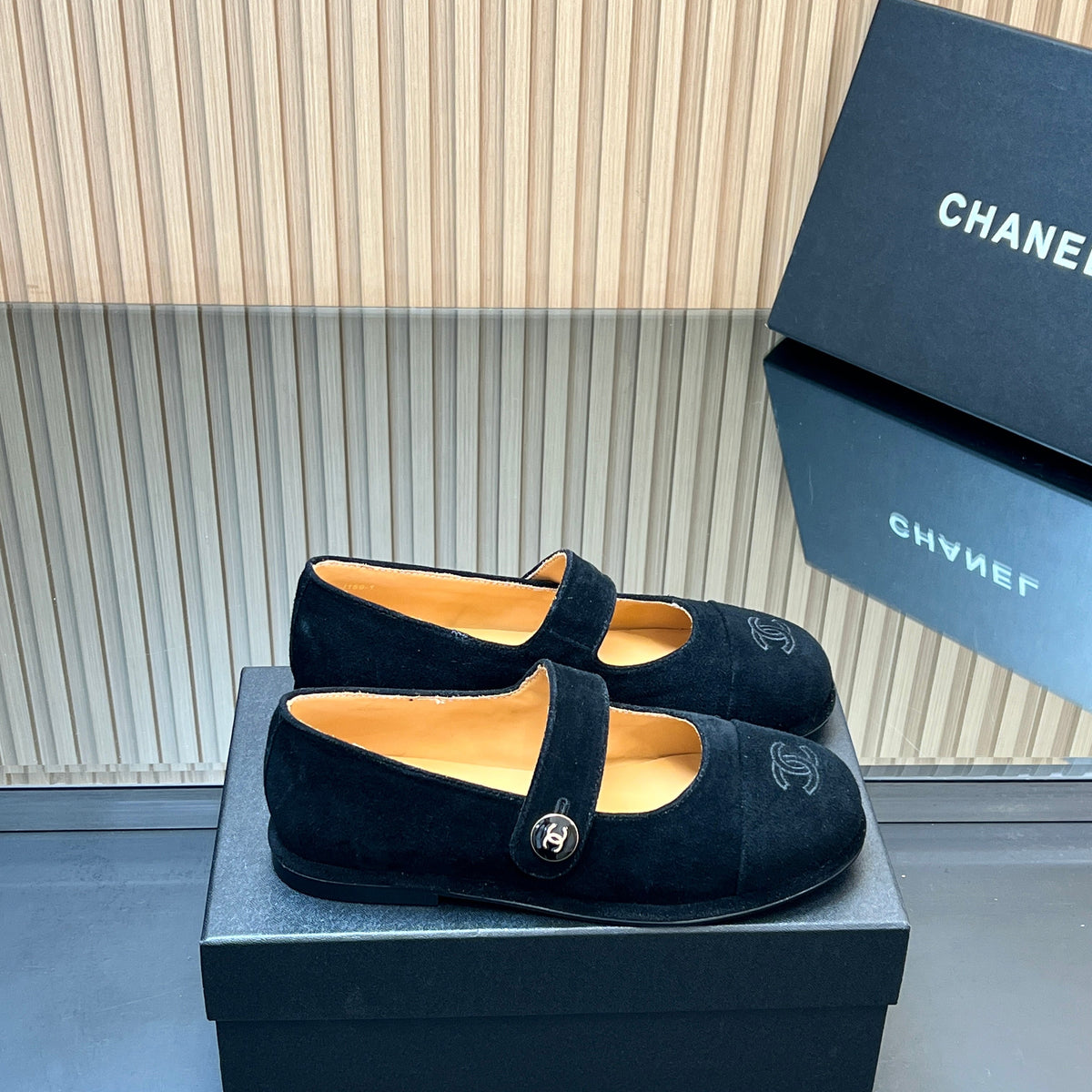 CHANEL 25S DOUBLE-STRAP MARY JANE SHOES IN BLACK SUEDE