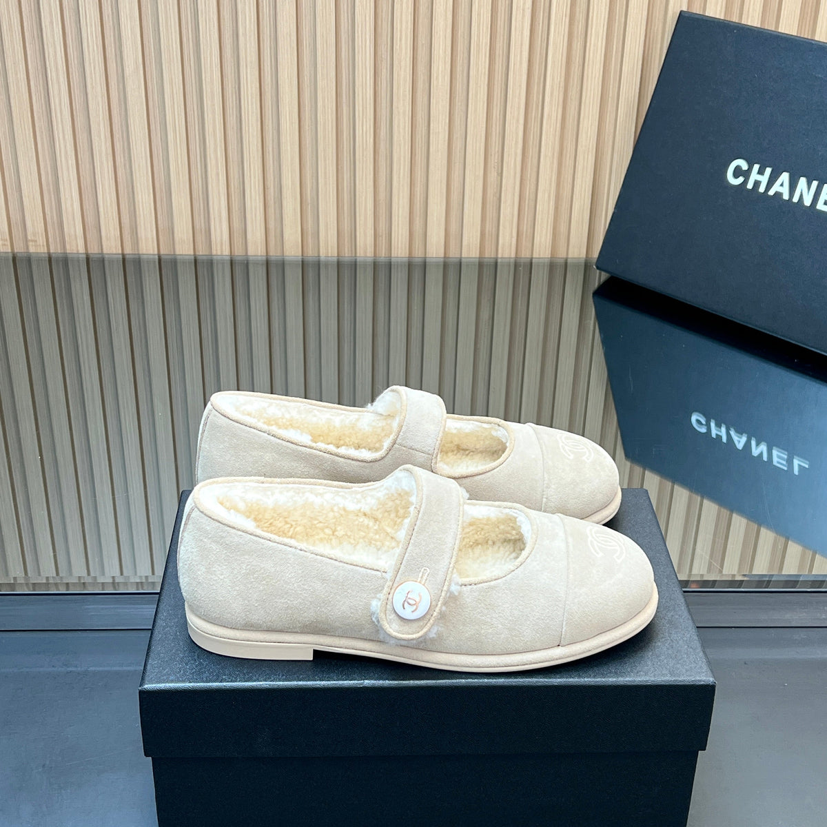 CHANEL 25S FURRY MARY JANE SHOES IN IVORY SUEDE
