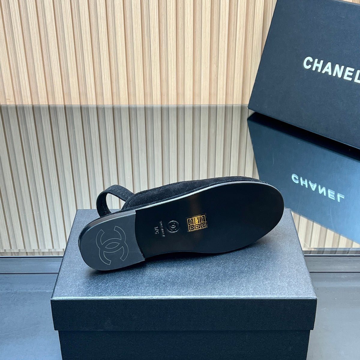 CHANEL 25S BACK STRAP MULE 15MM IN BLACK SUEDE GOLD HARDWRE
