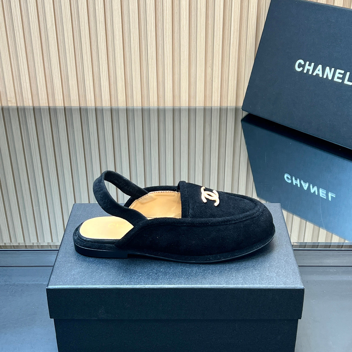 CHANEL 25S BACK STRAP MULE 15MM IN BLACK SUEDE GOLD HARDWRE