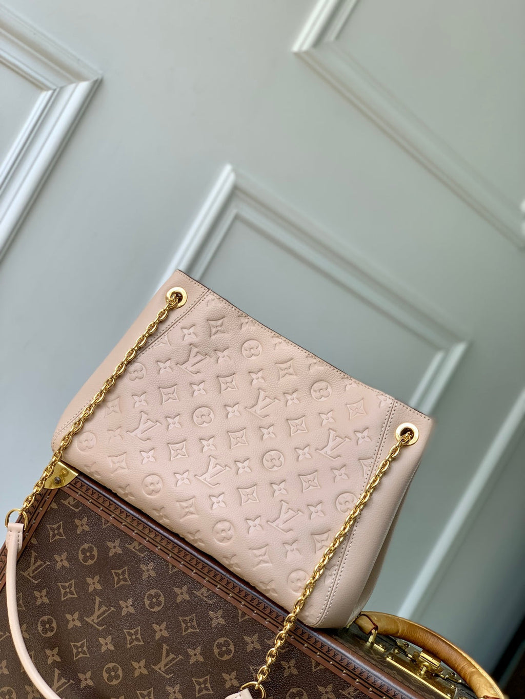 LOUIS VUITTON ANYTIME PM 34 IN NUDE PINK MONOGRAM EMPREINTE CALFSKIN