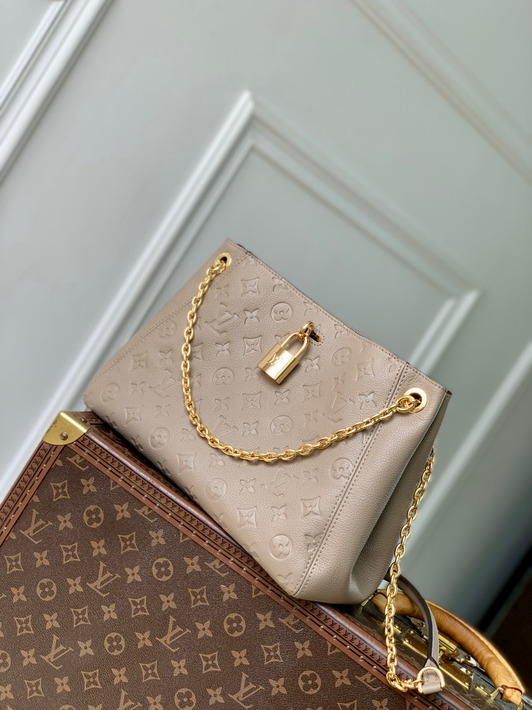 LOUIS VUITTON ANYTIME PM 34 IN ASH BROWN MONOGRAM EMPREINTE CALFSKIN