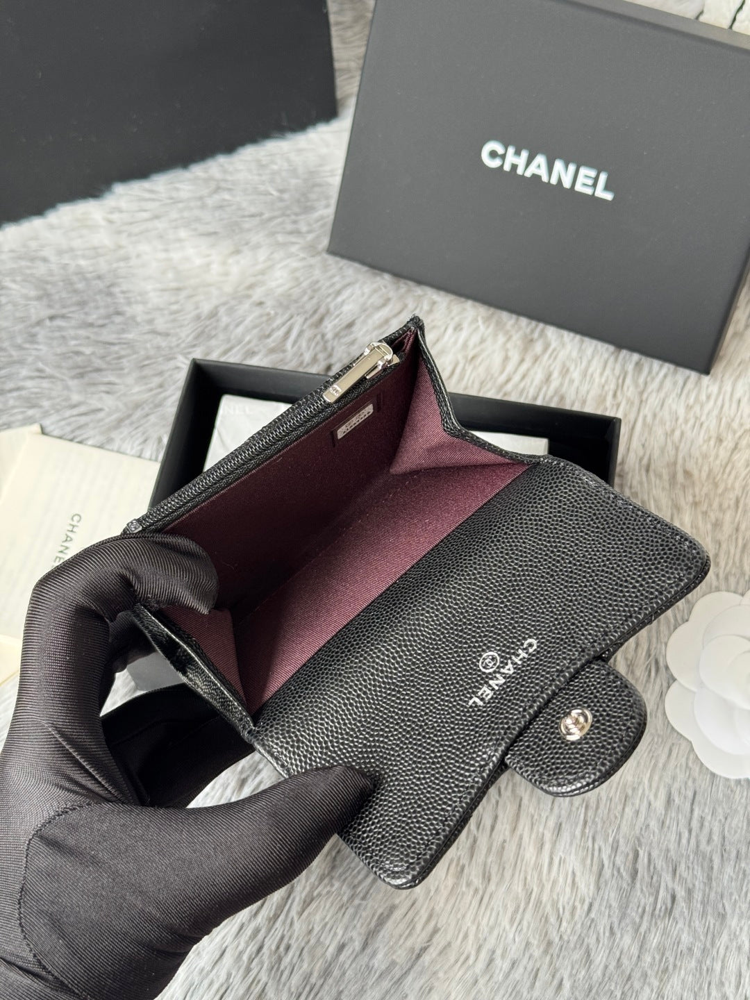 CHANEL 25S CLASSIC FLAP CARD HOLDER 11 IN BLACK CAVIAR SILVER HARDWARE