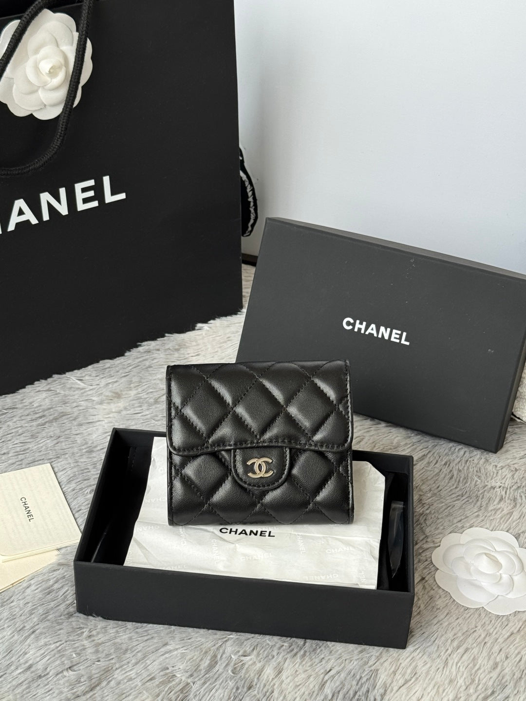 CHANEL 25S CF SMALL TRI FOLD WALLET 11 IN BLACK LAMBSKIN SILVER HARDWARE