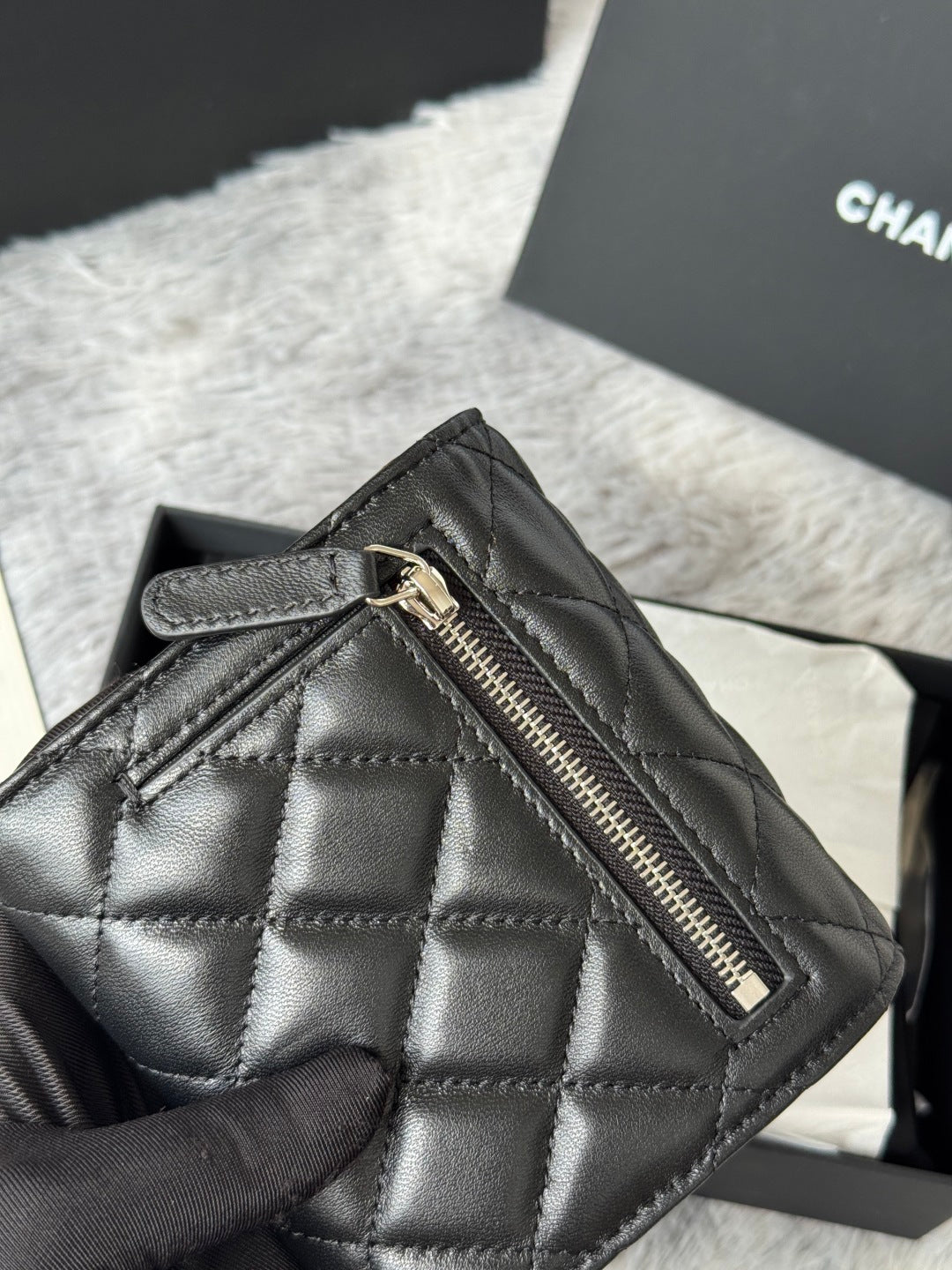 CHANEL 25S CF SMALL TRI FOLD WALLET 11 IN BLACK LAMBSKIN SILVER HARDWARE
