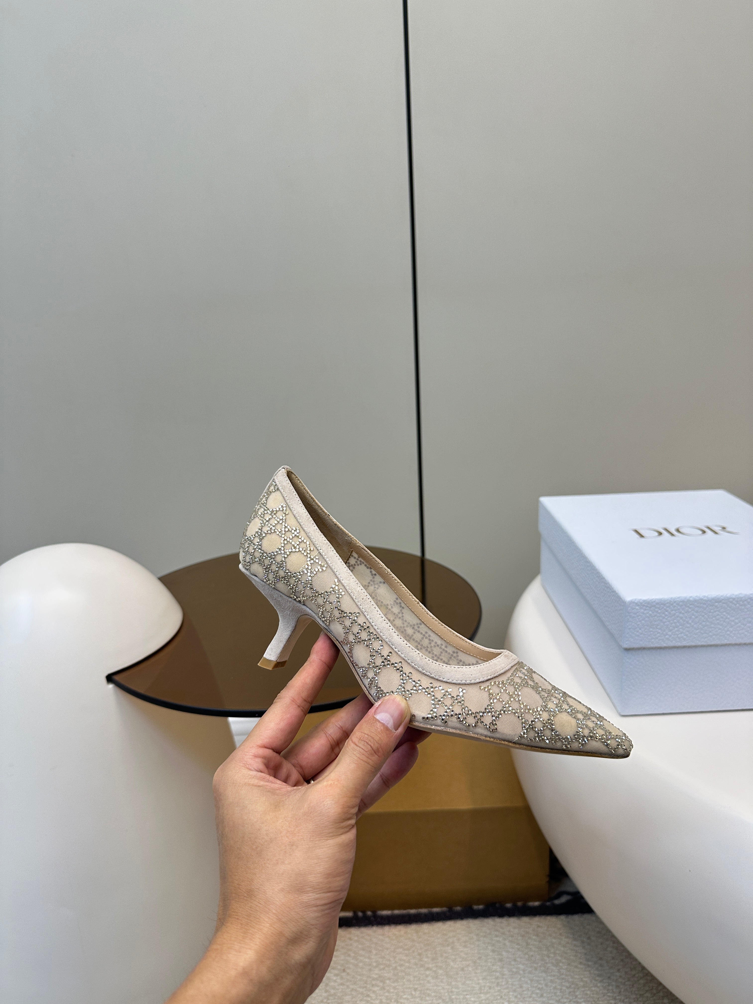DIOR POINTED TOE HEELS 55MM IN NUDE MESH WITH RHINESTONES