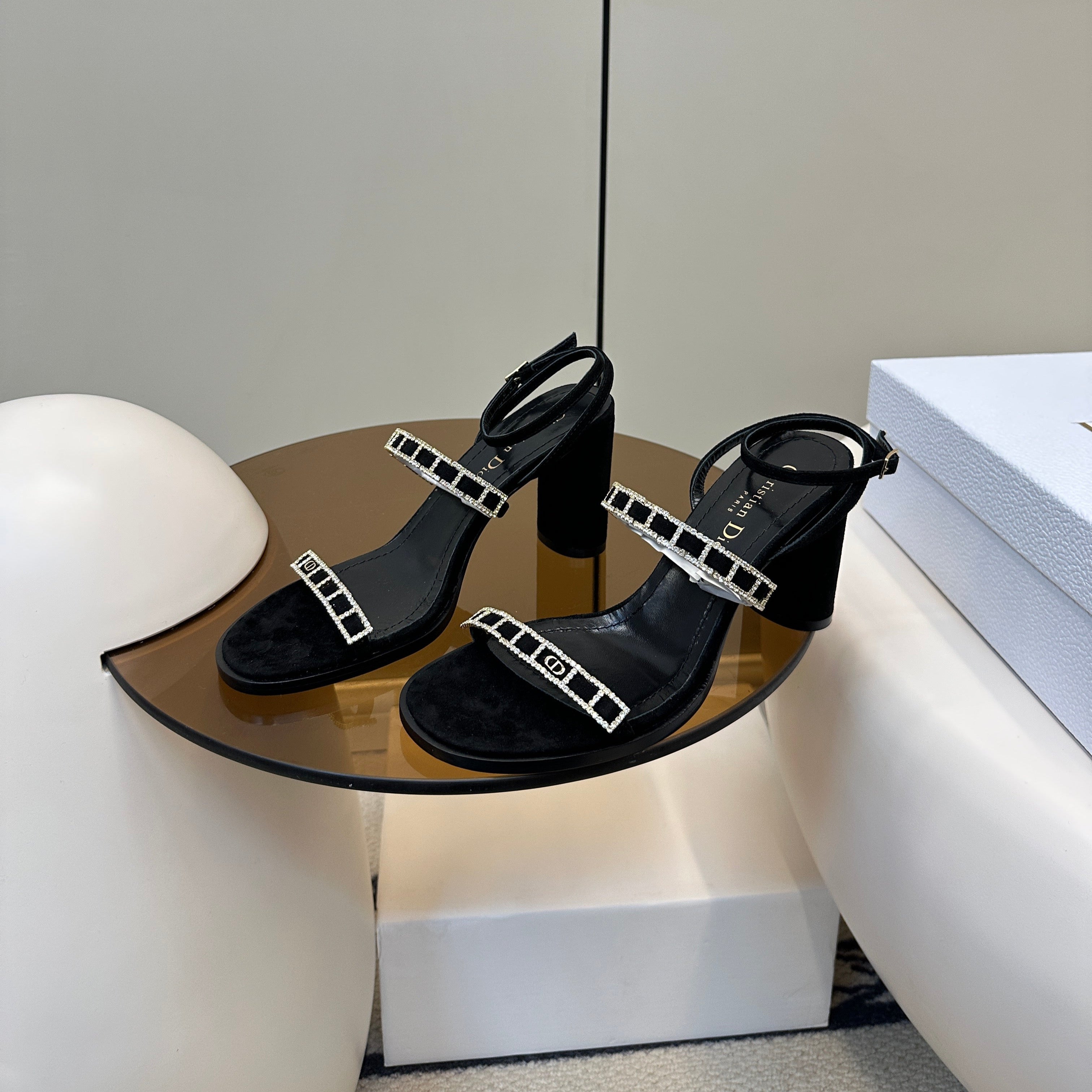 DIOR HIGH HEEL 25S SANDALS 85MM IN BLACK CALFSKIN RHINESTONES STRAP