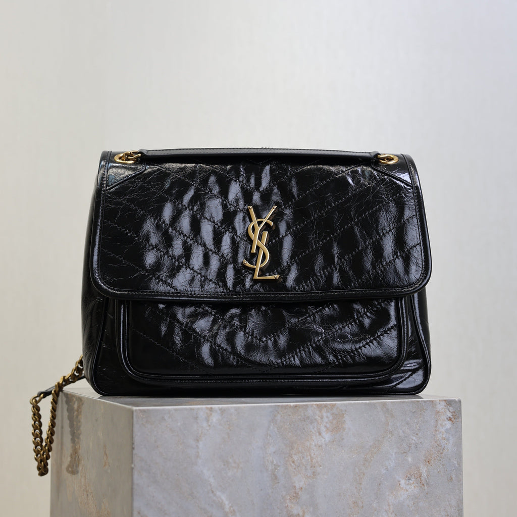 YSL 25S NIKI GM BAG 32 IN BLACK GLOSSY CALFSKIN GOLD HARDWARE