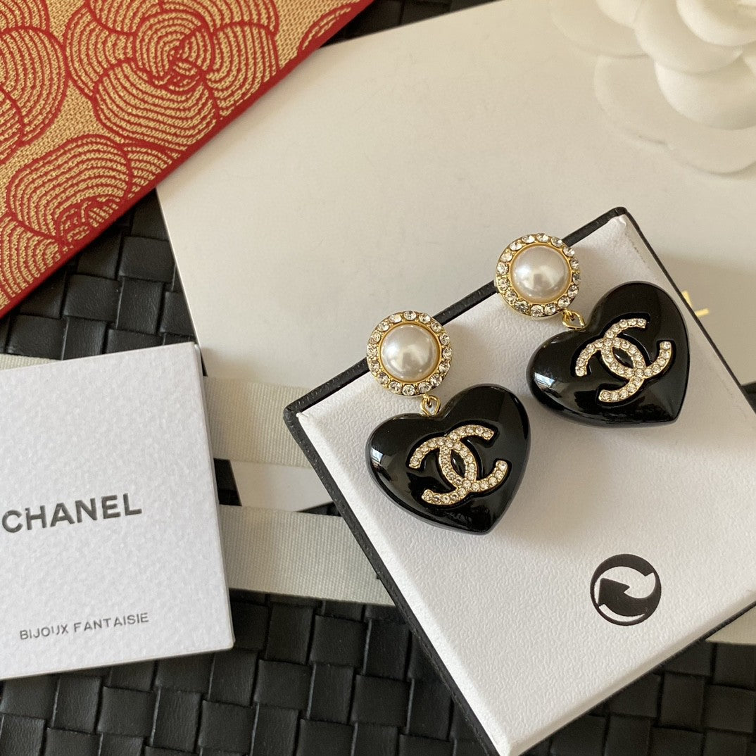 18K  Chanel Black Heart Earrings