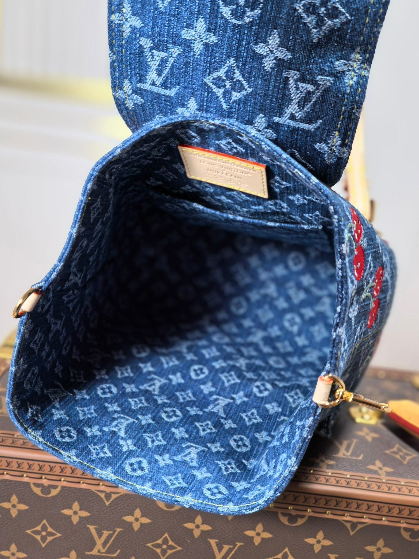 LOUIS VUITTON LV 25S VENICE BACKPACK 26 IN BLUE DENIM MONOGRAM CHERRY GOLD HARDWARE