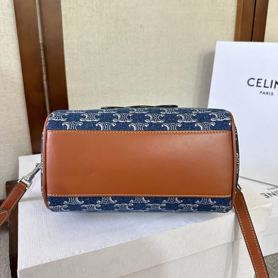 CELINE SMALL BOSTON 19 IN SPACE BLUE TRIOMPHE DENIM AND BROWN CALFSKIN TRIM