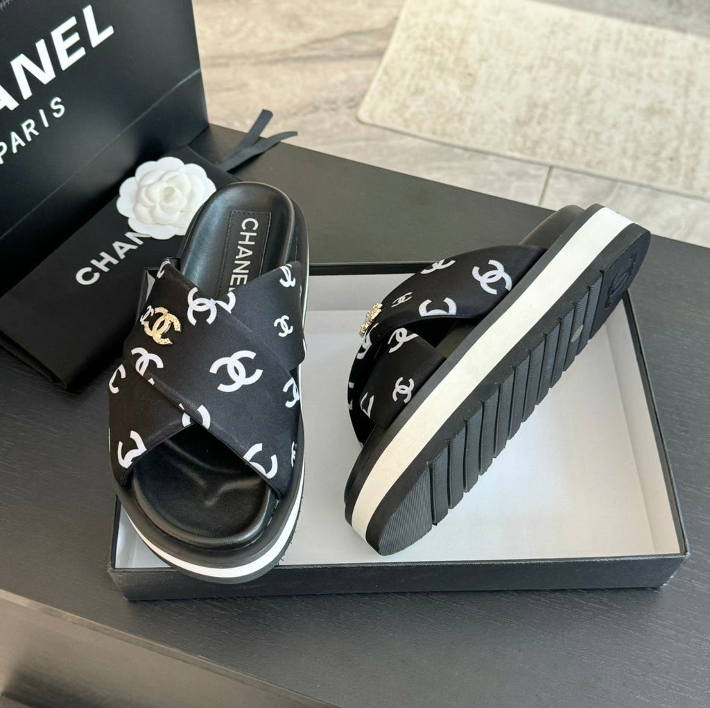 CHANEL Cross Straps Mule Sandals Lambskin Black