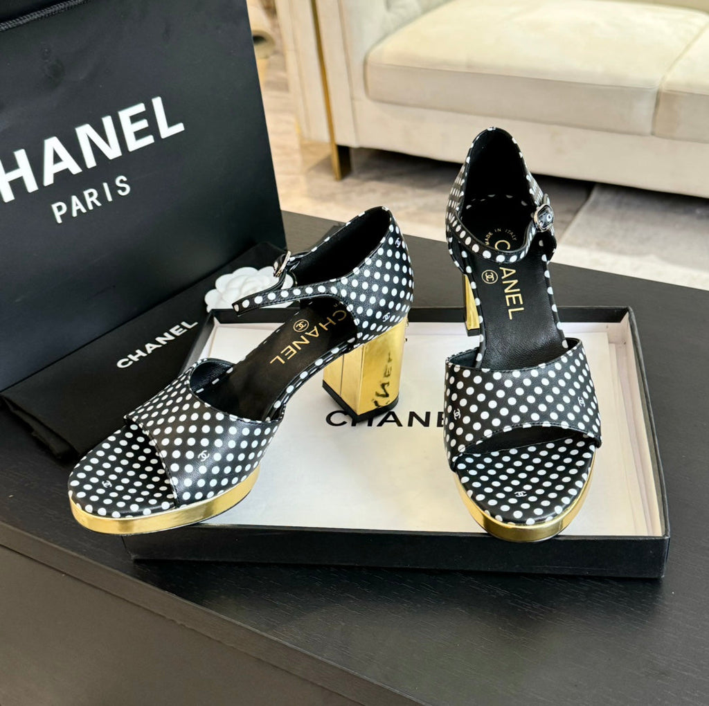 CHANEL Platform Peep-Toe Sandals Black/White Caro Lambskin