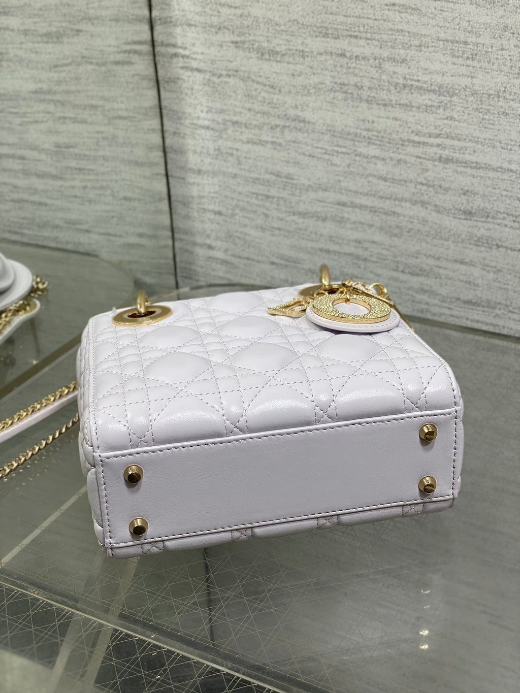 DIOR 25S MINI LADY  BAG 17 IN LILAC CALFSKIN CHARM CRYSTAL EMBELLISHMENTS