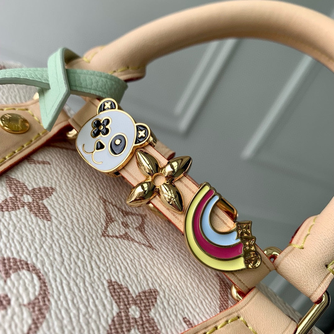 LOUIS VUITTON MINI SPEEDY BAG GREEN CHARM 18 IN LIGHT BROWN MONOGRAM DUNE COATED CANVAS