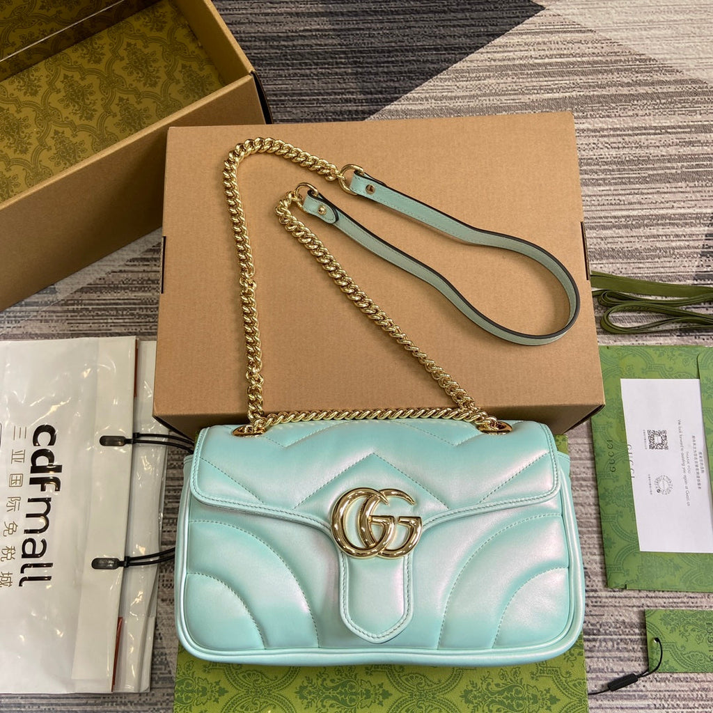 GUCCI MARMONT 26 MEDIUM SHOULDER BAG BLUE IRIDESCENT CALFSKIN