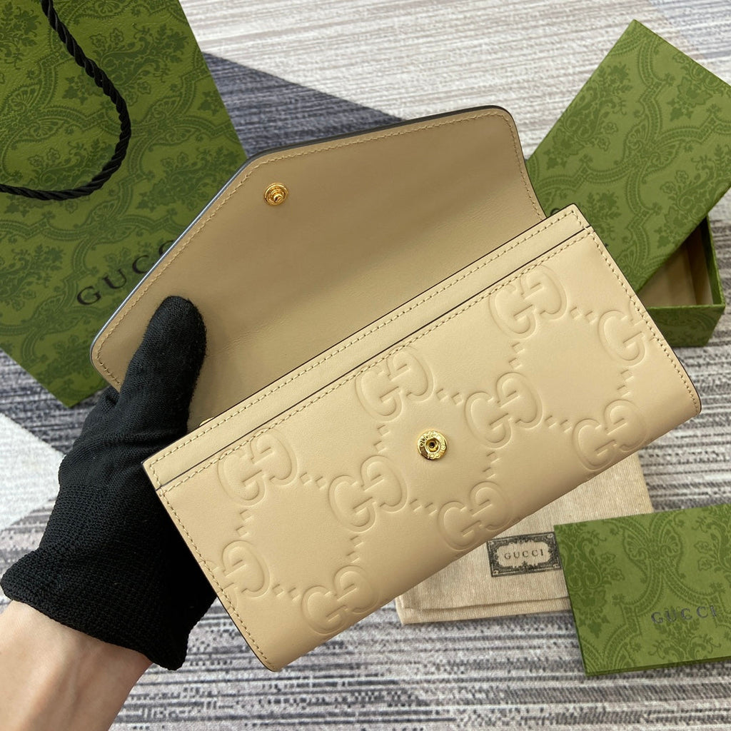 GUCCI CONTINENTAL WALLET 19 IN LIGHT YELLOW EMBOSSED CALFSKIN GOLD HARDWARE