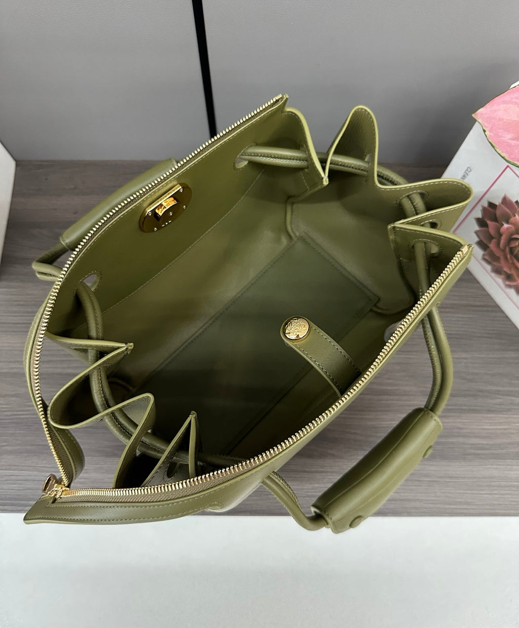 LOEWE 25S MEDIUM MADRID BAG 23 IN OLIVE GREEN CALFSKIN GOLD HARDWARE