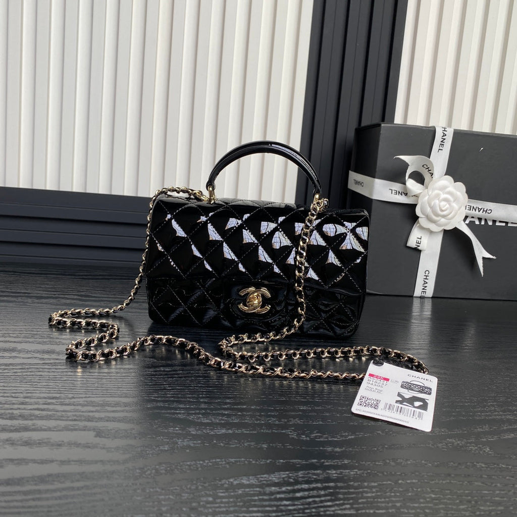 CHANEL 25S MINI FLAP BAG 20 IN BLACK PATENT CALFSKIN GOLD HARDWARE